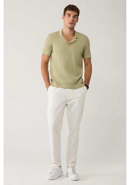 Erkek Kırık Beyaz Beli Lastikli Bağcıklı Keten Pamuk Dokulu Chino Pantolon B003036