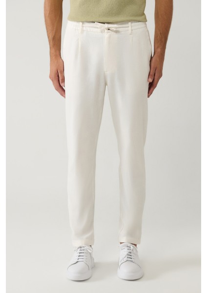 Erkek Kırık Beyaz Beli Lastikli Bağcıklı Keten Pamuk Dokulu Chino Pantolon B003036