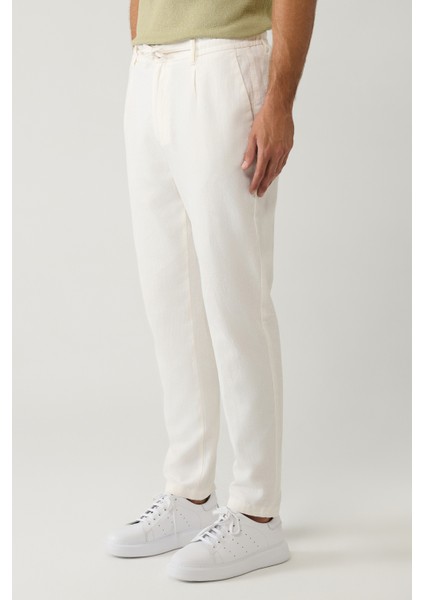 Erkek Kırık Beyaz Beli Lastikli Bağcıklı Keten Pamuk Dokulu Chino Pantolon B003036