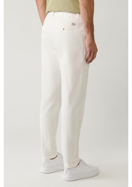 Erkek Kırık Beyaz Beli Lastikli Bağcıklı Keten Pamuk Dokulu Chino Pantolon B003036