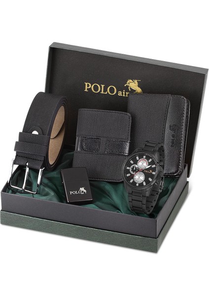 Erkek Kol Saati Metal Kordon Kemer Cüzdan Kartlık Çakmak Set Kombin Siyah Set PL-0834E1