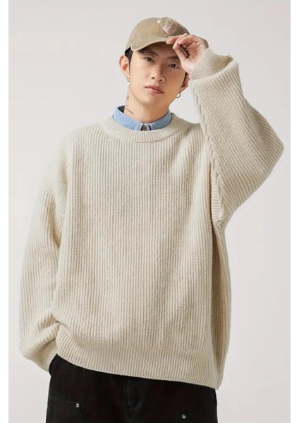 Erkek Bej Bisiklet Yaka Örgülü Triko Kazak