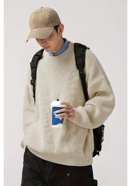 Erkek Bej Bisiklet Yaka Örgülü Triko Kazak modelleri