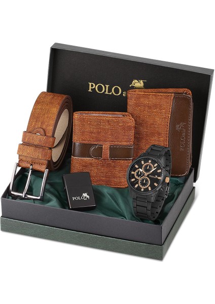 Erkek Kol Saati Cüzdan Kemer Kartlık Çakmak Kombin Set PL-0834E3 Taba Set