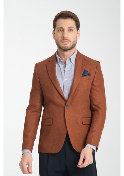Fevual Erkek Bronz Mono Yaka Diagonal Desenli Slim Fit Blazer Spor Ceket