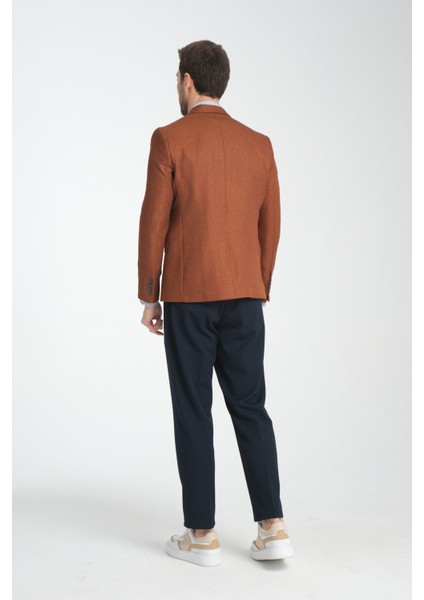 Fevual Erkek Bronz Mono Yaka Diagonal Desenli Slim Fit Blazer Spor Ceket
