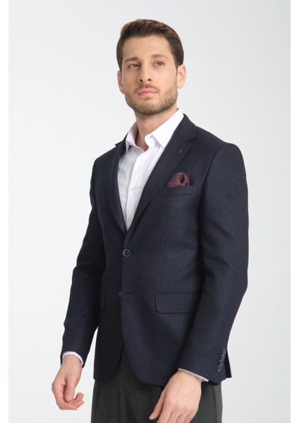 Fevual Erkek Koyu Lacivert Mono Yaka Diagonal Desenli Slim Fit Blazer Spor Ceket