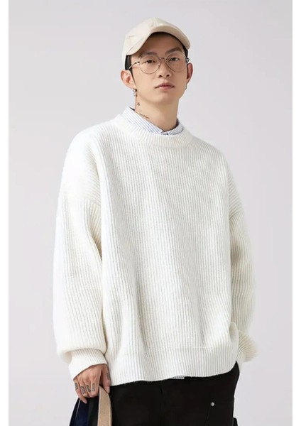 Erkek Ekru Bisiklet Yaka Örgülü Triko Kazak