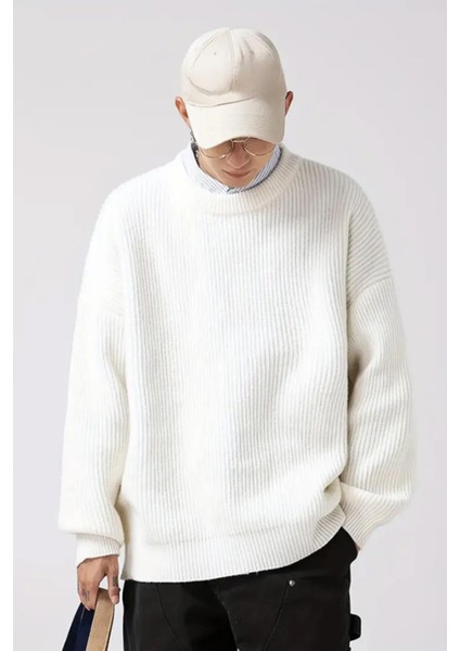 Erkek Ekru Bisiklet Yaka Örgülü Triko Kazak fiyatları