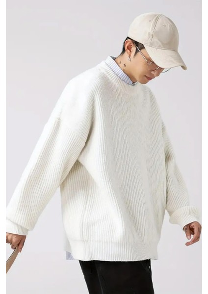 Erkek Ekru Bisiklet Yaka Örgülü Triko Kazak modelleri