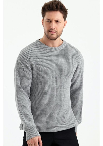 Erkek Gri Bisiklet Yaka Örgülü Triko Kazak