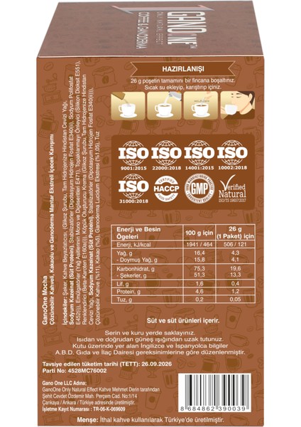 2 Kutu Ganoone Mocha, Ganoderma Reishi Mantarı Özütlü Kahve Karışımı - (30 Poşet x 26g)