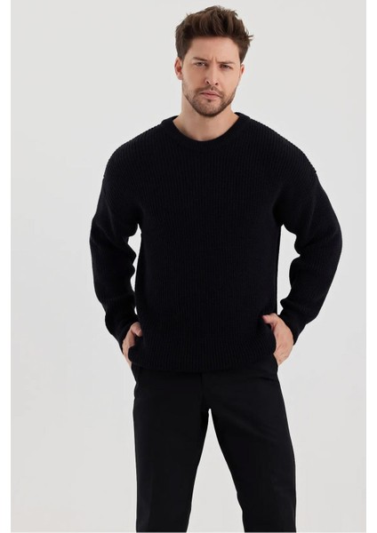 Erkek Siyah Bisiklet Yaka Örgülü Triko Kazak