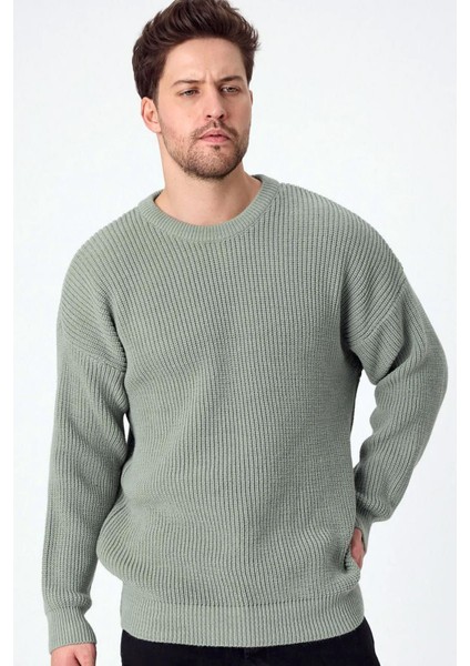 Erkek Yeşil Bisiklet Yaka Örgülü Triko Kazak