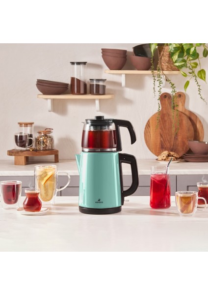 Tea Glass 2 In 1 Çelik Çay Makinesi ve Kettle Blue Mist