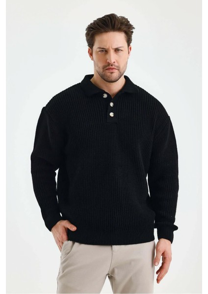 Erkek Siyah Üç Düğmeli Triko Kazak