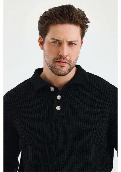 Erkek Siyah Üç Düğmeli Triko Kazak modelleri