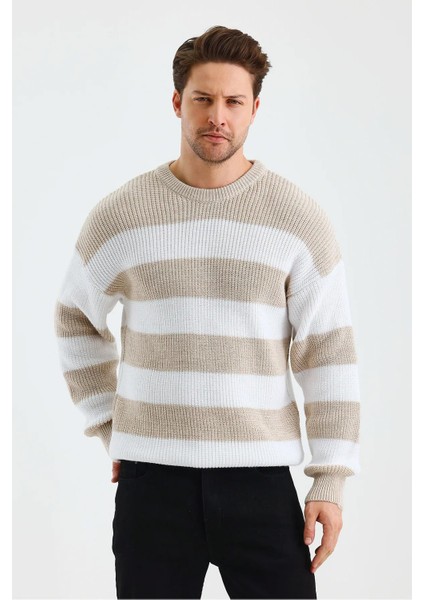 Erkek Bej Bisiklet Yaka Çizgili Triko Kazak