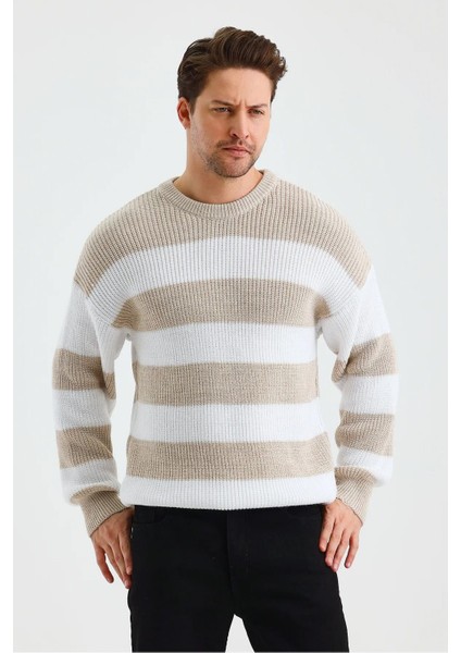 Erkek Bej Bisiklet Yaka Çizgili Triko Kazak fiyatları