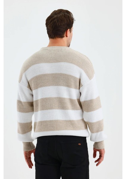 Erkek Bej Bisiklet Yaka Çizgili Triko Kazak fırsatları