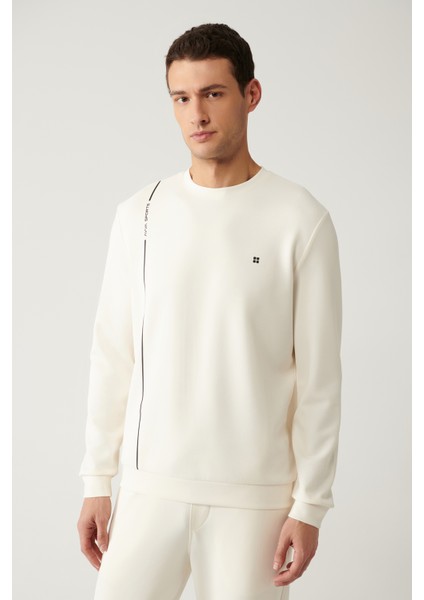 Erkek Ekru Bisiklet Yaka Baskılı Soft Touch Sweatshirt A41y1224