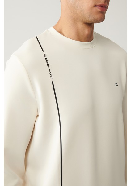 Erkek Ekru Bisiklet Yaka Baskılı Soft Touch Sweatshirt A41y1224