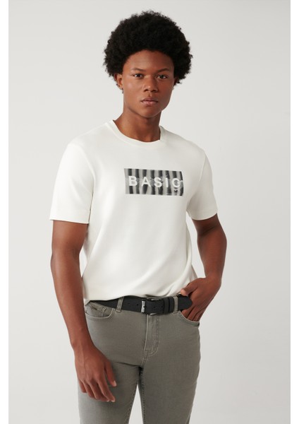 Erkek Beyaz Soft Touch Hologram Baskılı Bisiklet Yaka T-shirt A41y1335