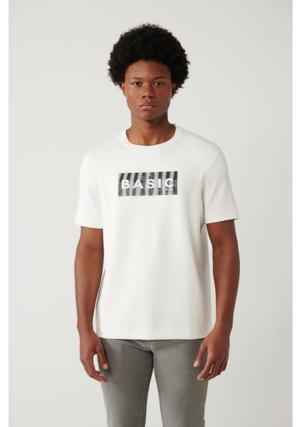 Erkek Beyaz Soft Touch Hologram Baskılı Bisiklet Yaka T-shirt A41y1335