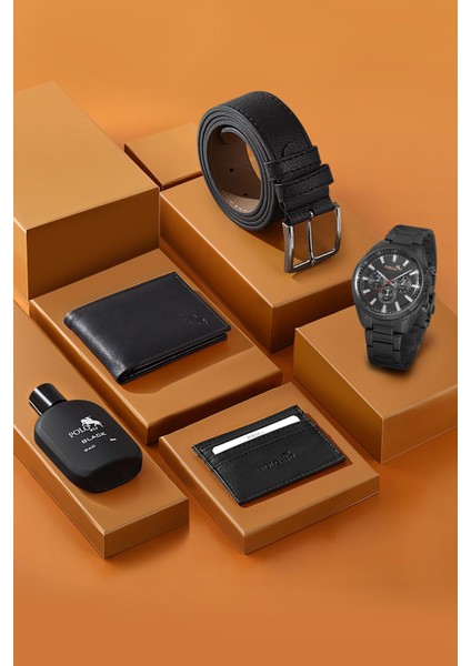 Erkek Metal Kasa Kol Saati Cüzdan Kemer Kartlık Parfüm Kombin Siyah Set PL-0846E1