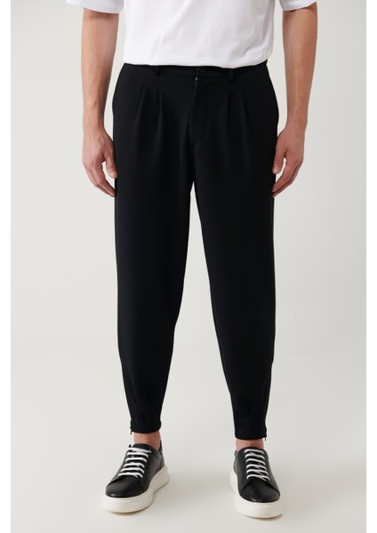 Erkek Siyah Smyrna Baggy Fit Pantolon Klasik Bel Pileli Örme A41y3075 modelleri