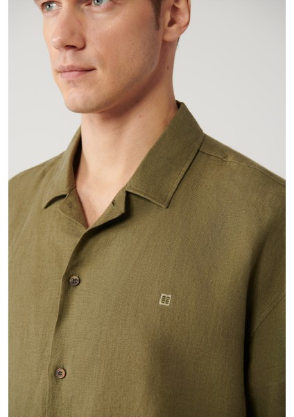 Erkek Haki Apaj Yaka %100 Keten Kısa Kol Oversize Fit Gömlek A41Y2209 fiyatları