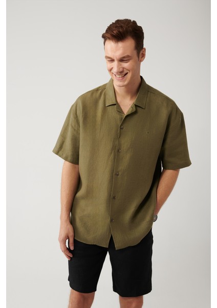 Erkek Haki Apaj Yaka %100 Keten Kısa Kol Oversize Fit Gömlek A41Y2209 modelleri