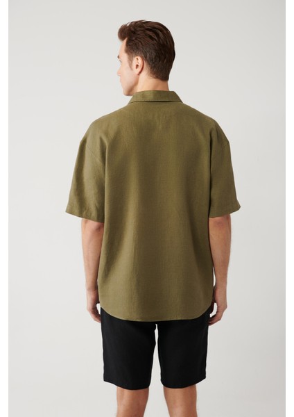 Erkek Haki Apaj Yaka %100 Keten Kısa Kol Oversize Fit Gömlek A41Y2209 fırsatları