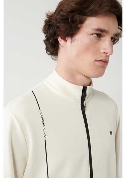 Erkek Ekru Dik Yaka Baskılı Soft Touch Baskılı Sweatshirt A41y1225
