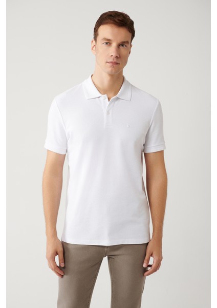 Erkek Beyaz Kıvrılmaz Polo Yaka %100 Pamuk Basic Regular Fit T-Shirt B001032