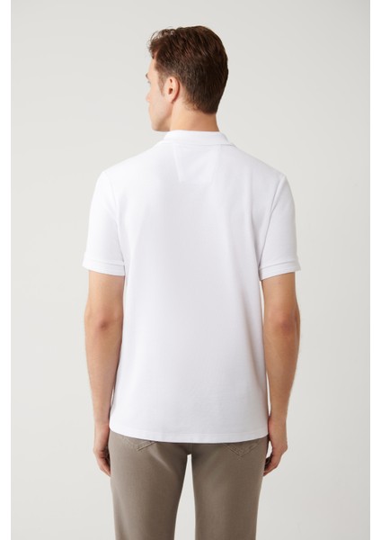 Erkek Beyaz Kıvrılmaz Polo Yaka %100 Pamuk Basic Regular Fit T-Shirt B001032