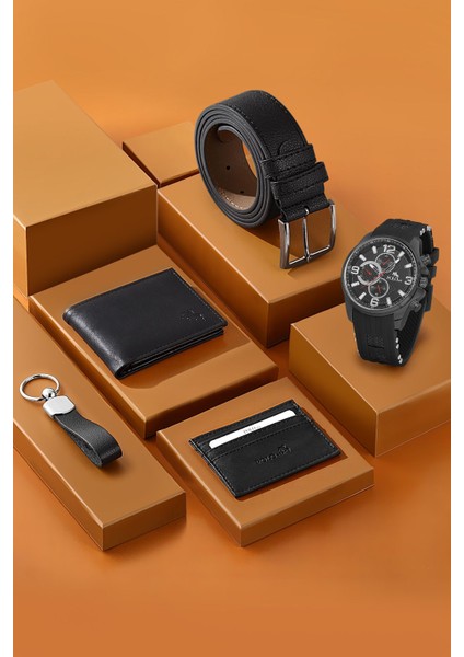 Erkek Silikon Kordon Kol Saati Cüzdan Kemer Kartlık Anahtarlık Kombin Siyah Set PL-0863E1