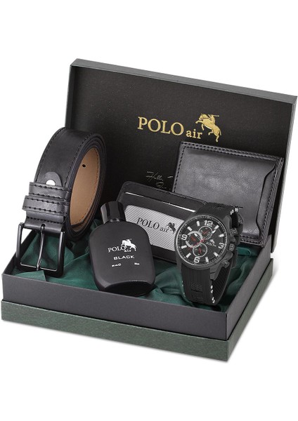 Erkek Silikon Kordon Kol Saati Cüzdan Kemer Kartlık Parfüm Spor Kombin Siyah Set PL-0862E1