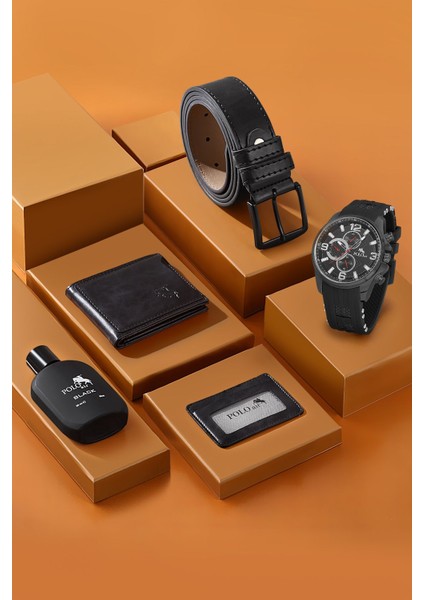 Erkek Silikon Kordon Kol Saati Cüzdan Kemer Kartlık Parfüm Spor Kombin Siyah Set PL-0862E1 modelleri