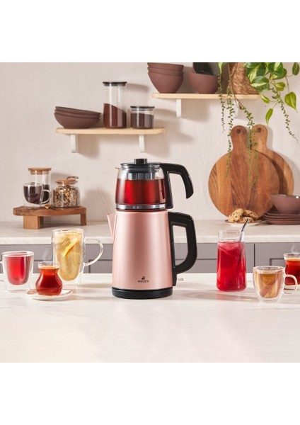 Tea Glass 2 in 1 Çelik Çay Makinesi ve Kettle Rosegold