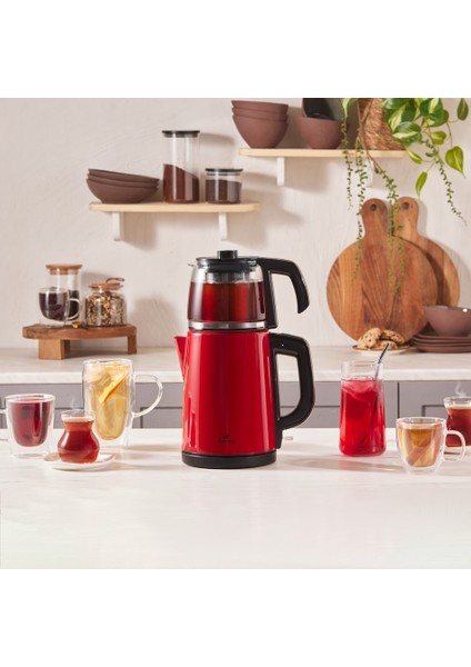 Tea Glass Kırmızı Inox Çelik Su Isıtıcı Çay Makinesi