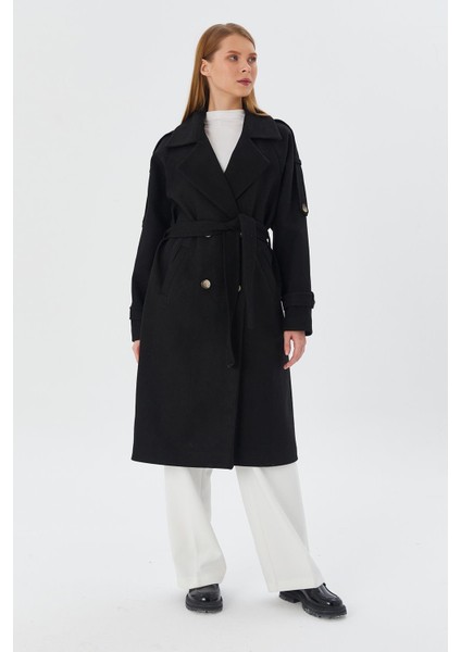 Oversize Kuşaklı Kaşe Kaban Sıyah