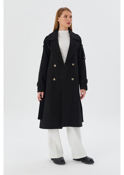 Oversize Kuşaklı Kaşe Kaban Sıyah modelleri