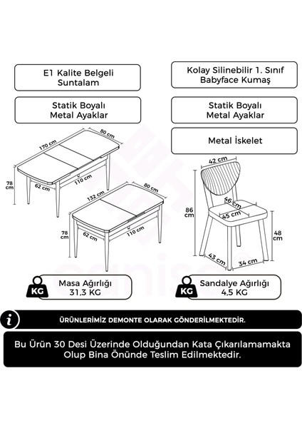 Exve Serisi 80 x 132 Açılabilir Beyaz Masa Takımı ve 6 Antrasit Sandalye