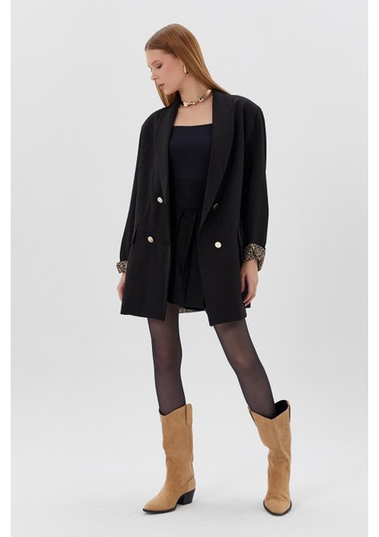 Kol Ağzı Leopar Detaylı Blazer Ceket Sıyah