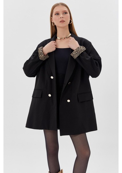 Kol Ağzı Leopar Detaylı Blazer Ceket Sıyah modelleri