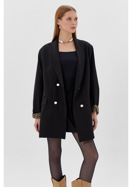 Kol Ağzı Leopar Detaylı Blazer Ceket Sıyah fırsatları
