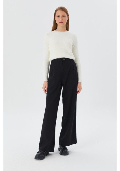 Pileli Geniş Paça Pantolon Sıyah