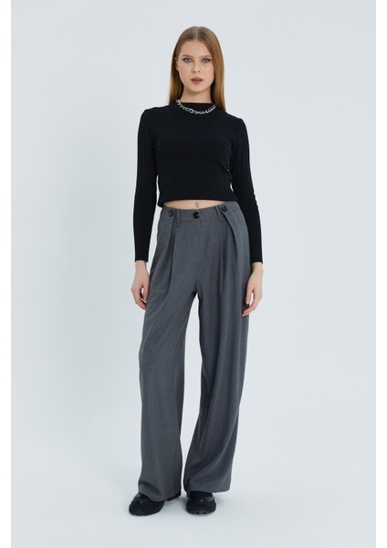 Düğme Pileli Palazzo Pantolon Grı