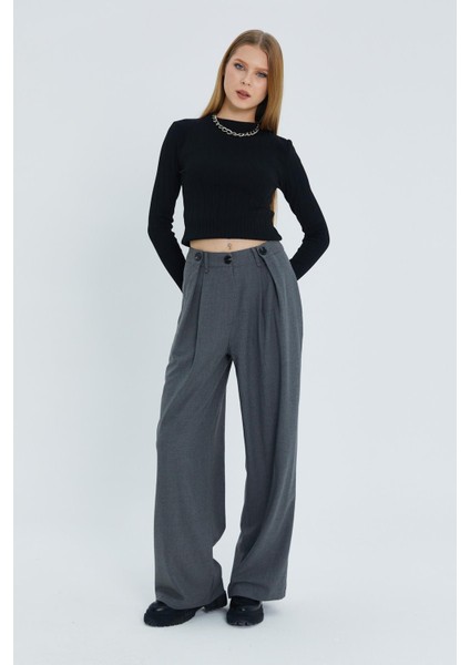 Düğme Pileli Palazzo Pantolon Grı fiyatları
